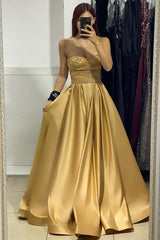 Charming Long Satin Strapless Sleevesless A-Line Prom Dress With Beading-misshow.com