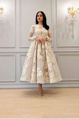 Charming Long Sleeves Floral A-line Evening Dress Ankle Length Party Dress-misshow.com