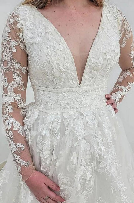 Charming Long Sleeves V-Neck Garden Lace A-Line Wedding Dress-misshow.com