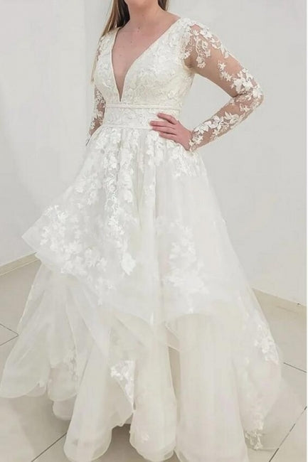 Charming Long Sleeves V-Neck Garden Lace A-Line Wedding Dress-misshow.com