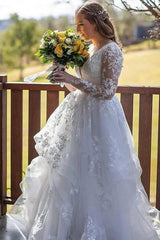 Charming Long Sleeves V-Neck Garden Lace A-Line Wedding Dress-misshow.com