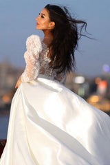 Charming Long Sleeves V-neck Satin Wedding Dress with Lace-misshow.com