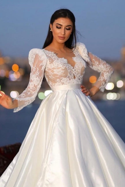 Charming Long Sleeves V-neck Satin Wedding Dress with Lace-misshow.com