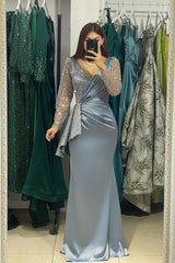 Charming Long V-Neck Long Sleeves Mermaid Prom Dress With Rhinestone-misshow.com