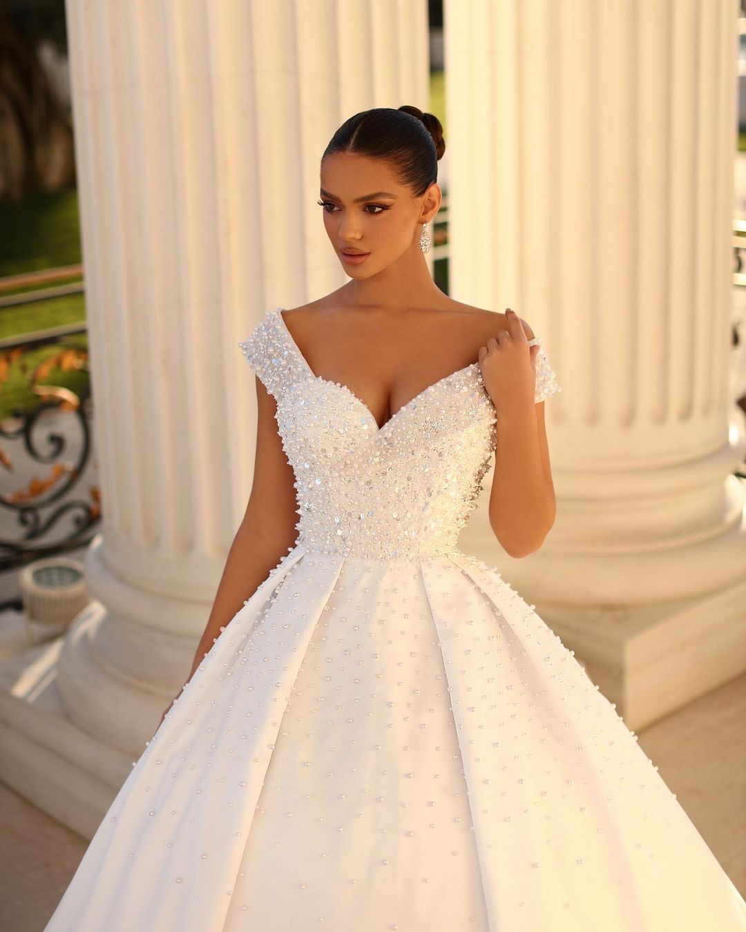 Charming Long White Off-the-shoulder A-line Sequined Wedding Dress With Pearls