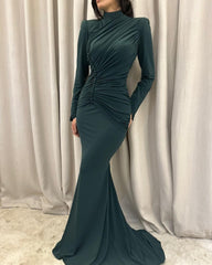 Charming Mermaid Satin High Neck Long Sleeve Prom Dresses With Ruffles Buttons