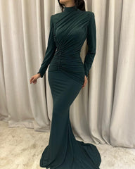 Charming Mermaid Satin High Neck Long Sleeve Prom Dresses With Ruffles Buttons