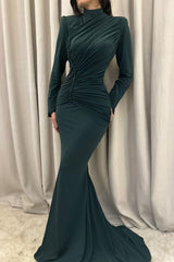 Charming Mermaid Satin High Neck Long Sleeve Prom Dresses With Ruffles Buttons