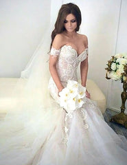 Charming Mermaid Style Off-the-Shoulder Sweep Train Lace Elegant Wedding Dresses