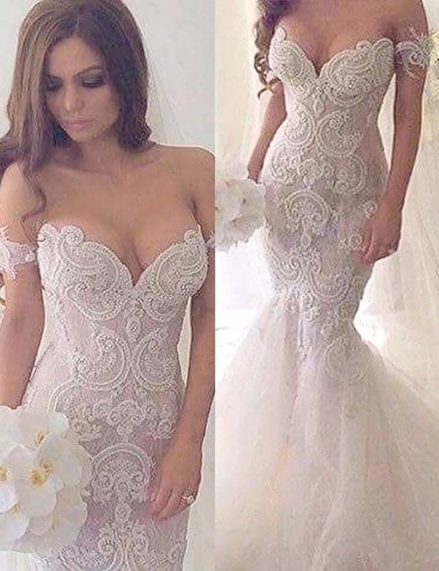 Charming Mermaid Style Off-the-Shoulder Sweep Train Lace Elegant Wedding Dresses