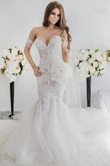 Charming Mermaid Style Off-the-Shoulder Sweep Train Lace Elegant Wedding Dresses