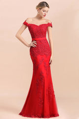 Charming Off-the-Shoulder Lace Appliques Red Mermaid Bridemaid Dres Slim Evening Gown-misshow.com