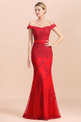 Charming Off-the-Shoulder Lace Appliques Red Mermaid Bridemaid Dres Slim Evening Gown-misshow.com