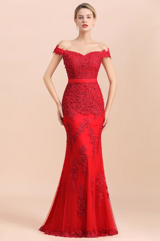 Charming Off-the-Shoulder Lace Appliques Red Mermaid Bridemaid Dres Slim Evening Gown-misshow.com