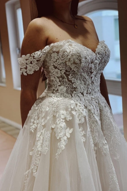 Charming Off the Shoulder Strapless A-Line Lace Tulle Wedding Dress-misshow.com