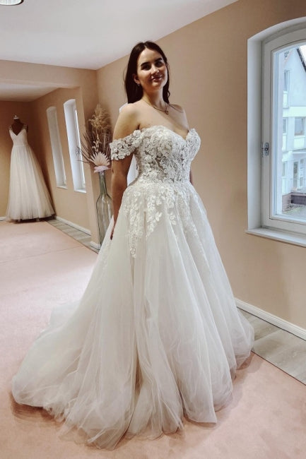 Charming Off the Shoulder Strapless A-Line Lace Tulle Wedding Dress-misshow.com