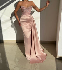 Charming Pink Strapless Sequined Satin Prom Dress with Ruffles-misshow.com