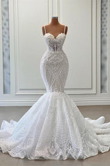 Charming Sleeveless Spaghetti Straps Mermaid Wedding Dress with Ruffles-misshow.com