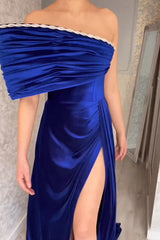 Charming Strapless Royal Blue Split From A-line Satin Prom Dress-misshow.com