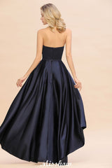 Charming Strapless Satin Navy Hi-Lo Eveing Party Gowns Party Dress-misshow.com