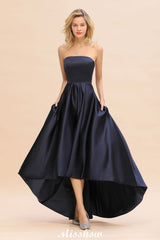 Charming Strapless Satin Navy Hi-Lo Eveing Party Gowns Party Dress-misshow.com