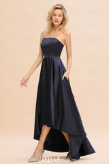 Charming Strapless Satin Navy Hi-Lo Eveing Party Gowns Party Dress-misshow.com