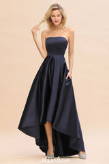 Charming Strapless Satin Navy Hi-Lo Eveing Party Gowns Party Dress-misshow.com