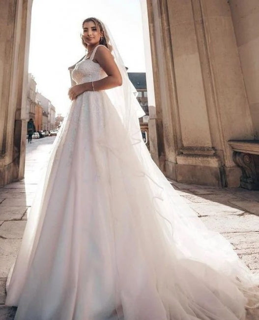 Charming Straps Off the Shoulder Floor Length A-Line Wedding Dress-misshow.com