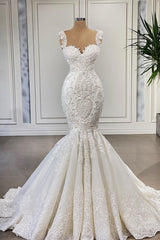 Charming Straps Sleeveless Mermaid Wedding Dress with Ruffles-misshow.com