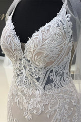 Charming Sweetheart Spaghetti Straps Garden Lace Wedding Dress with Chapel Train-misshow.com