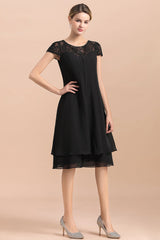 Chic Black Cap Sleeve Mother of Bride Dress Chiffon Short Wedding Party Gowns-misshow.com