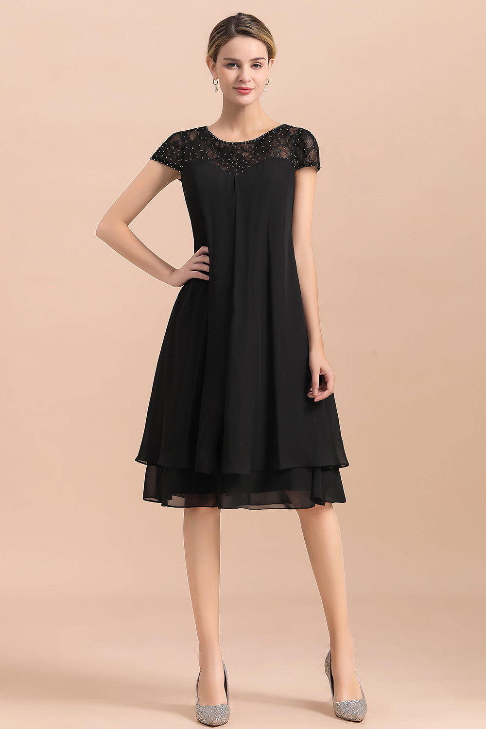 Chic Black Cap Sleeve Mother of Bride Dress Chiffon Short Wedding Party Gowns-misshow.com