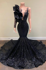 Chic Black Long Sleeve Asymmetrical Floor Length Mermaid Prom Dress-misshow.com