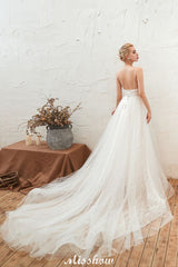 MISSHOW offers Chic Deep V-Neck White Tulle Princess Open Back Wedding Dress with Court Train at a good price from Ivory,Tulle to A-line Floor-length them. Stunning yet affordable Sleeveless .