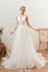 MISSHOW offers Chic Deep V-Neck White Tulle Princess Open Back Wedding Dress with Court Train at a good price from Ivory,Tulle to A-line Floor-length them. Stunning yet affordable Sleeveless .