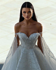 Chic Floor Length Sweetheart Off-The-Shoulder A-Line Sequined Wedding Dress-misshow.com