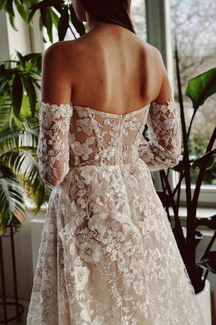 Chic Long A-line Off-the-shoulder Lace Beading Wedding Dress with Long Sleeves