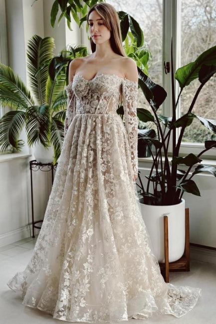 Chic Long A-line Off-the-shoulder Lace Beading Wedding Dress with Long Sleeves