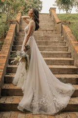 Chic Long A-line Sleeveless Flowers Backless Wedding Dress With Lace-misshow.com