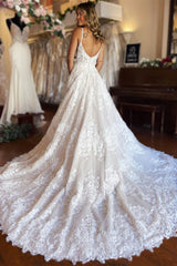 Chic Long A-line Spaghetti Straps Lace Wedding Dress With Slit-misshow.com