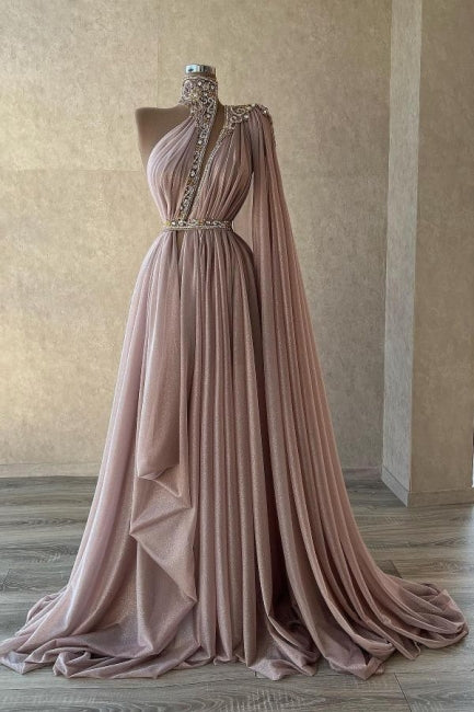 Chic Long Dusty Pink High Neck Lace Prom Dresses with Glitter