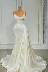 Chic Long Ivory Mermaid One Shoulder Sleeveless Wedding Dress with Pearls