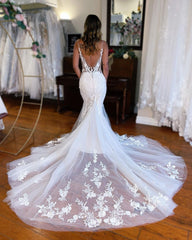 Chic Long Mermaid V-neck Sleeveless Lace Wedding Dress-misshow.com