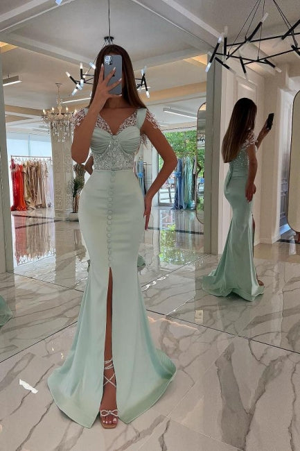 Chic Long Mint Green Straps Sequined Evening Dresses With Slit-misshow.com