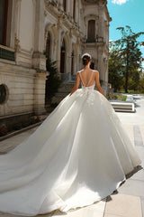 Chic Long Princess A-line Ivory Spaghetti Straps Tulle Lace Wedding Dress with Glitter