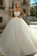 Chic Long Princess A-line Ivory Spaghetti Straps Tulle Lace Wedding Dress with Glitter