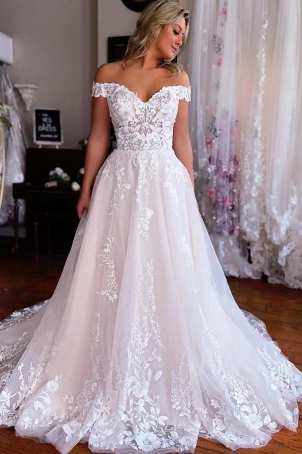 Chic Long White A-line Off-the-shoulder Sleeveless Wedding Dress with Lace