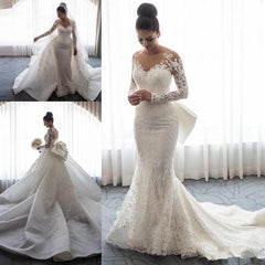 Chic Mermaid Lace Long Sleeves Wedding Dress With Detachable Train-misshow.com