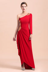 Chic One-Shoulder Long Sleeves Ruffle Mother of Bride Dresses with Appliques-misshow.com