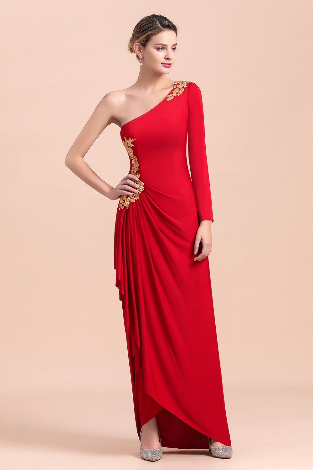 Chic One-Shoulder Long Sleeves Ruffle Mother of Bride Dresses with Appliques-misshow.com